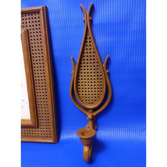 vtg 80s 1981 HOMCO Faux Rattan Wicker Picture Frame & Sconce Set 3282 4226 - Picture 2 of 12